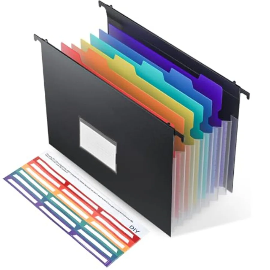 Expanding Hanging File Folders, Plastic Filing Cabinet Organizer 7 Pockets 1.2" Accordion Drawer Organizer Insert Filing Folder