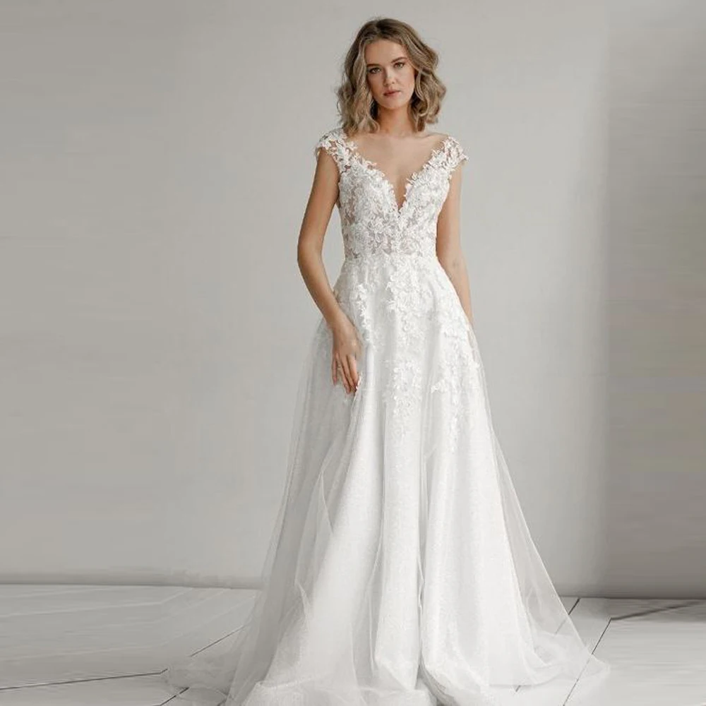 

2026 Modern Deep V-neck Women Wedding Dresses Elegant Bridal Cap Sleeves Tulle Pleat Robes De Mariée Personalized Customization