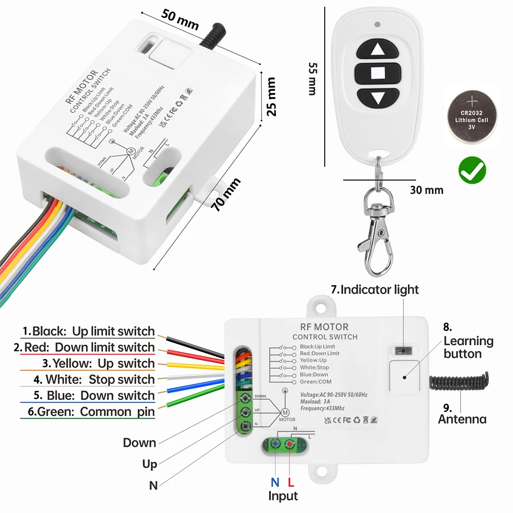 Tedeligo RF 433MHz Garage Curtain Blinds Motor Remote Control Switch AC 110V 220V Gate Opener Receiver,2 Way Control Support