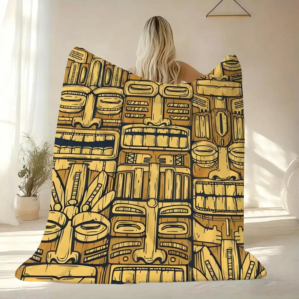 Tiki Mask Throw Soft Flannel Throw Blanket Lightweight Cooling Summer AC Nap Blanket for Sofa Bed Couch Travel