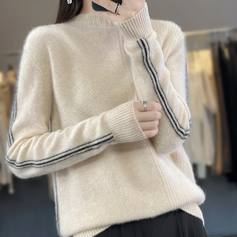 Autumn Winter Fashion 100% Merino Wool Sweater Mock-Neck Solid Color Pullover Cashmere Classic Long Sleeves Clothing Top