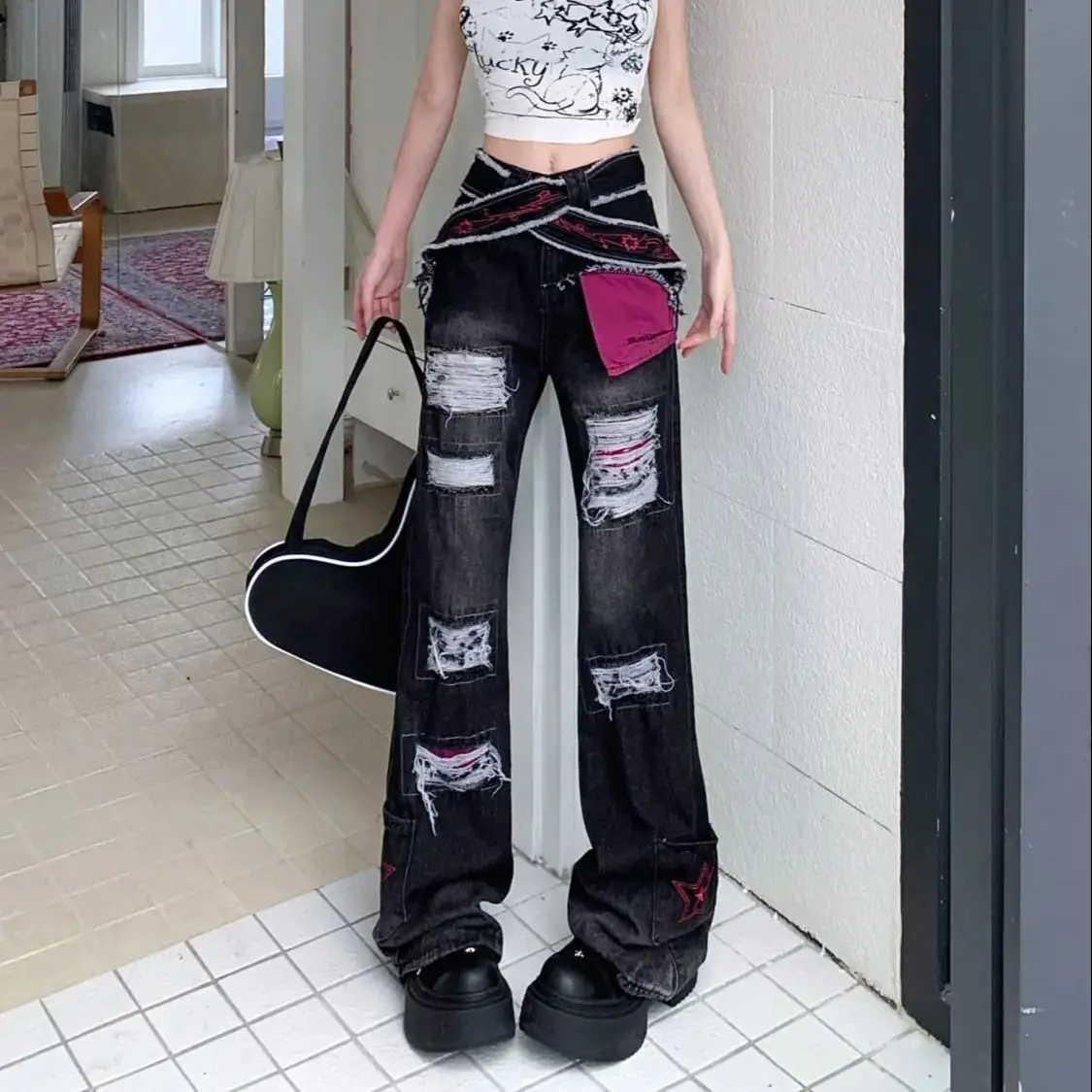 

Ripped Jeans High Street Women Black Gothic Y2k Harajuku Denim Trousers Y2k Jean Pants Vintage Aesthetic Japanese 2000s Style