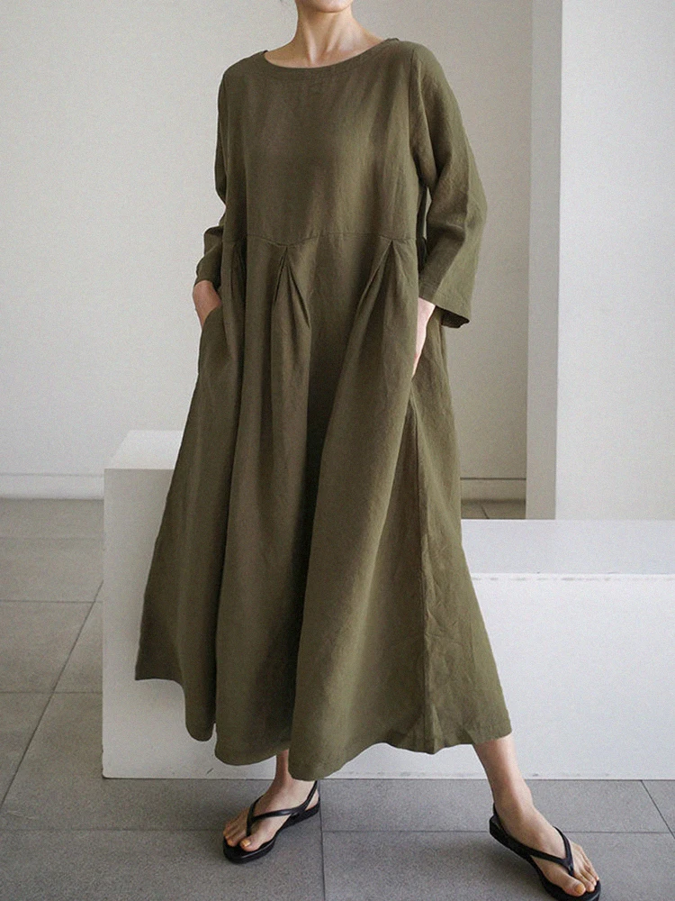 

Large Size Cotton Linen Doll Skirt Women's Forest System Maxi Dr Korean Sle round Ne A-Line Long Dr Autumn Wear