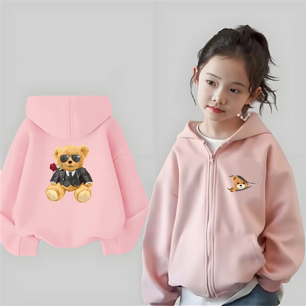 سترة سوداء للأطفال بسحاب مع قلنسوة للأولاد ملابس علوية للفتيات باللون الأرجواني الدب الصغير مطبوعة لعمر 3-12 معطف للأطفال ملابس فضفاضة #3