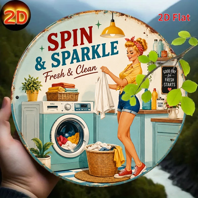 Retro Laundry Room Metal Plaque, Spin Sparkle Decorative Sign, Vintage Pinup Girl Wall Art for Home Laundry Room Decor