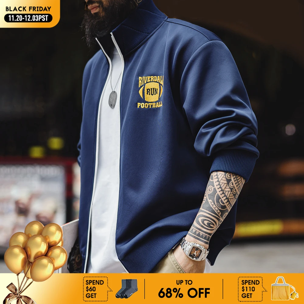 

Maden Casual College Style Color-Block Embroidered Jacket Men's Spring Stand Collar Loose Fit Coat Zip-Up Retro Hoodie Cardigan