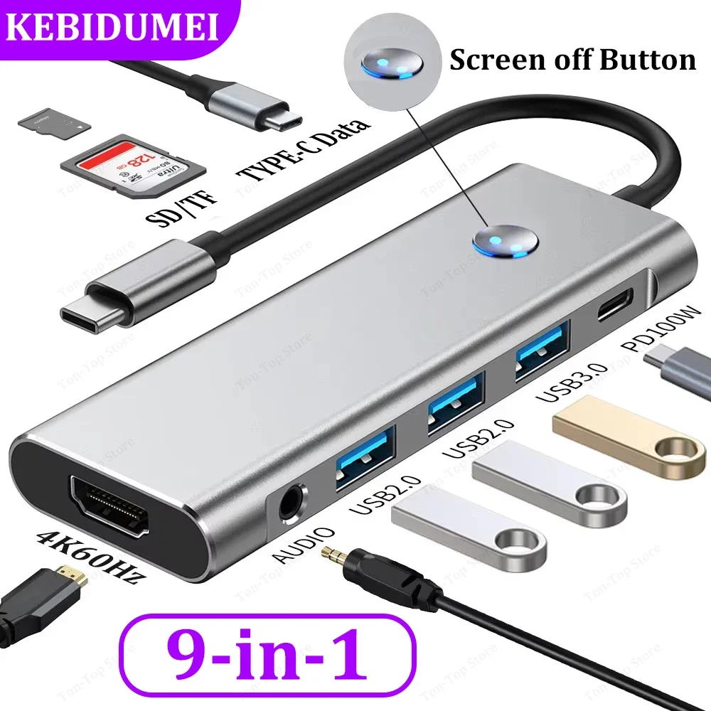 

9-IN-1 USB C Docking Station TYPE-C HUB to HDMI 4K 60Hz with Screen off Button USB 3.0 5Gbps HUB 100W Fast Charging for MacBook