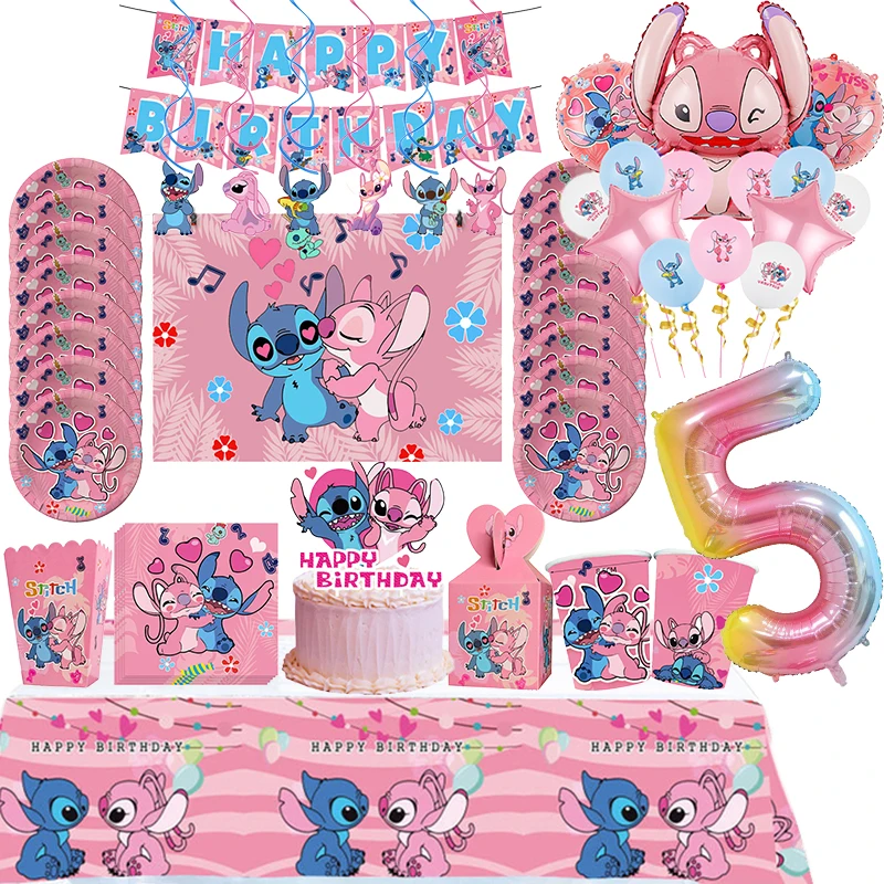 Disney Pink Stitch Birthday Party Decorations Lilo&Stitch Balloons Paper Plates Cups Tableware Kit Girls Happy Birthday Supplies