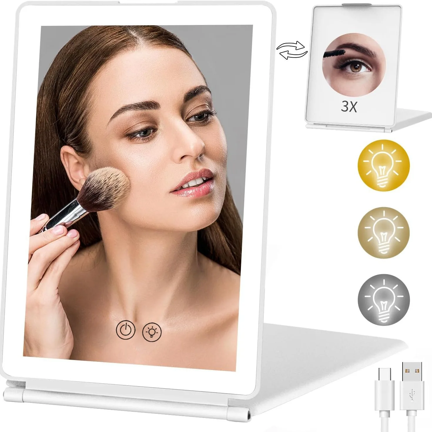 

New Popular High-quality Flip Cover 3-color LED Makeup Mirror with Foldable Ultra-thin Touch USB Charging Portable Beauty Mirror