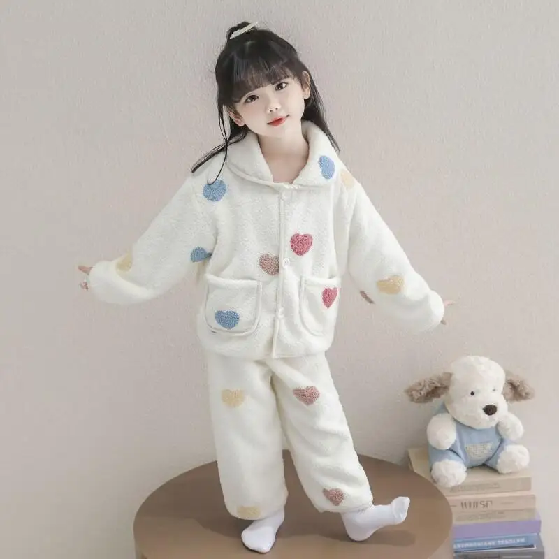 Girls Polar Fleece Pajamas Set Thickened Warm Winter Sleepwear Kids Homewear New Style Coral Fleece Loungewear for Children