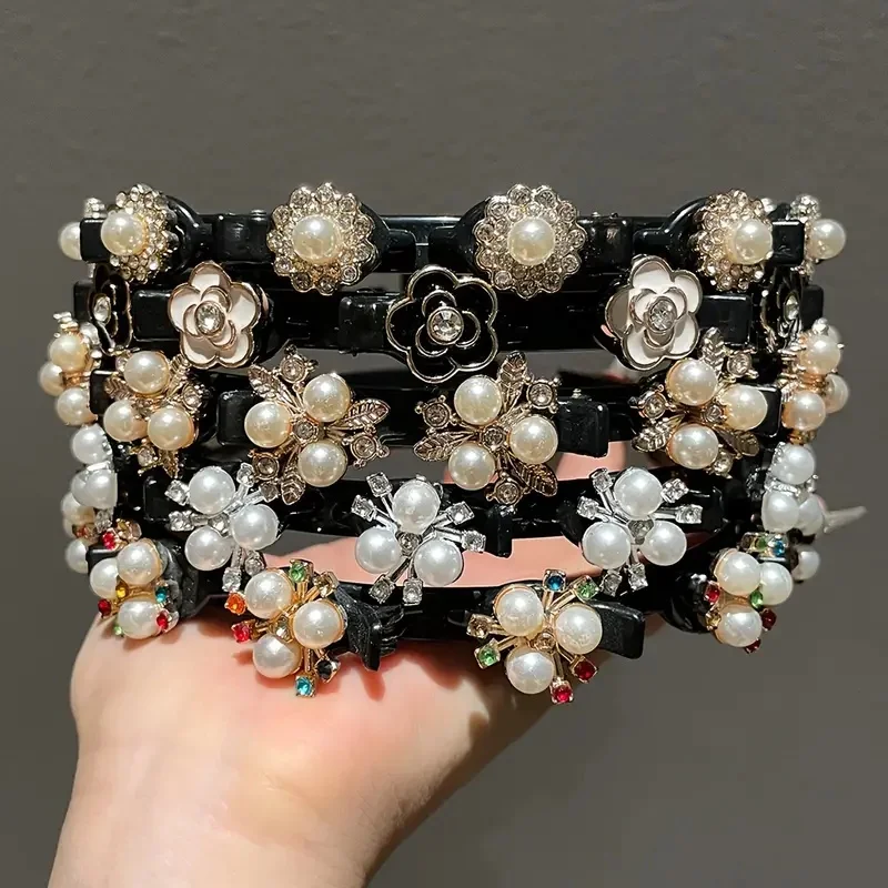 Lazy multi-layer braided hair with pearl rhinestone butterfly headband, bangs, hairpins, toothed headband, female