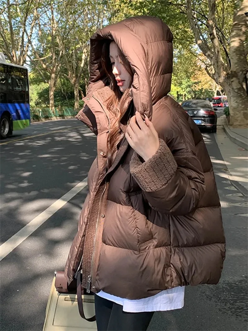 Coffee Colored Down Cotton Jacket For Women In Winter 2024 New Loose Lambhair Collar Cotton Jacket With Thick Coat