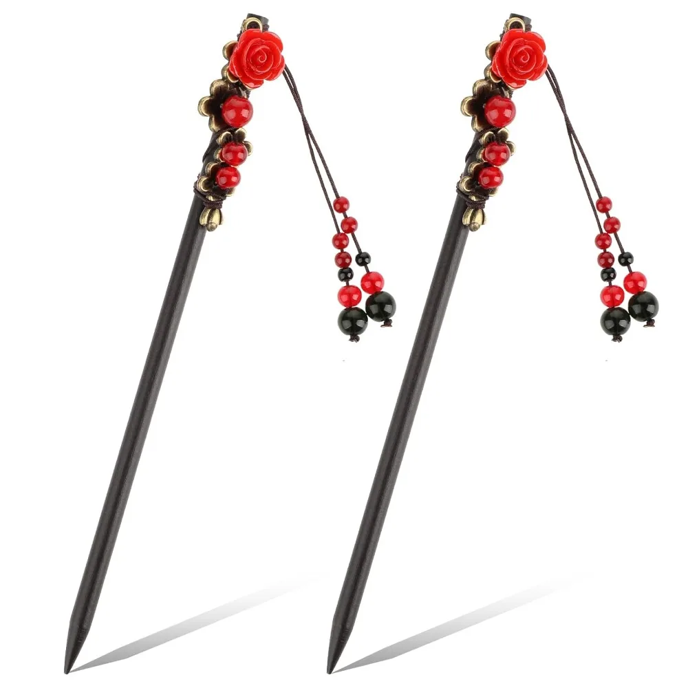 Paquete de 2 palillos chinos para el cabello, horquillas chinas, palillos para el cabello, horquilla de madera Retro, palillos para el cabello de flores, cabello japonés
