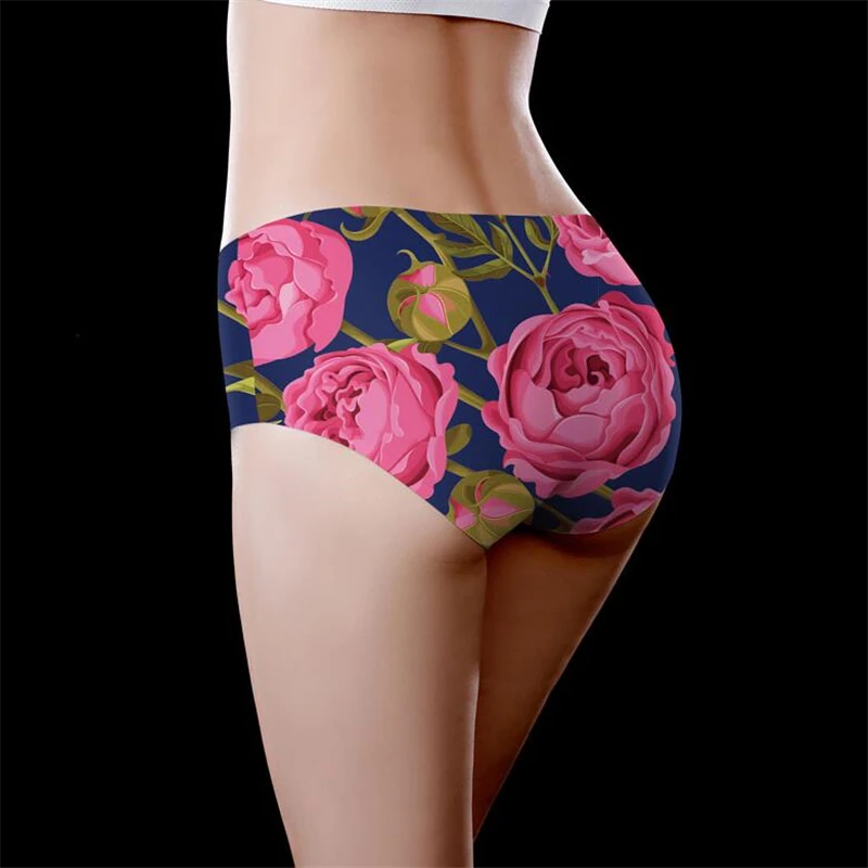 Women Panties Luscious Flowers Print Briefs Ice Silk Traceless Lingerie Breathable Soft Underpants Sexy Underwear Women Panty