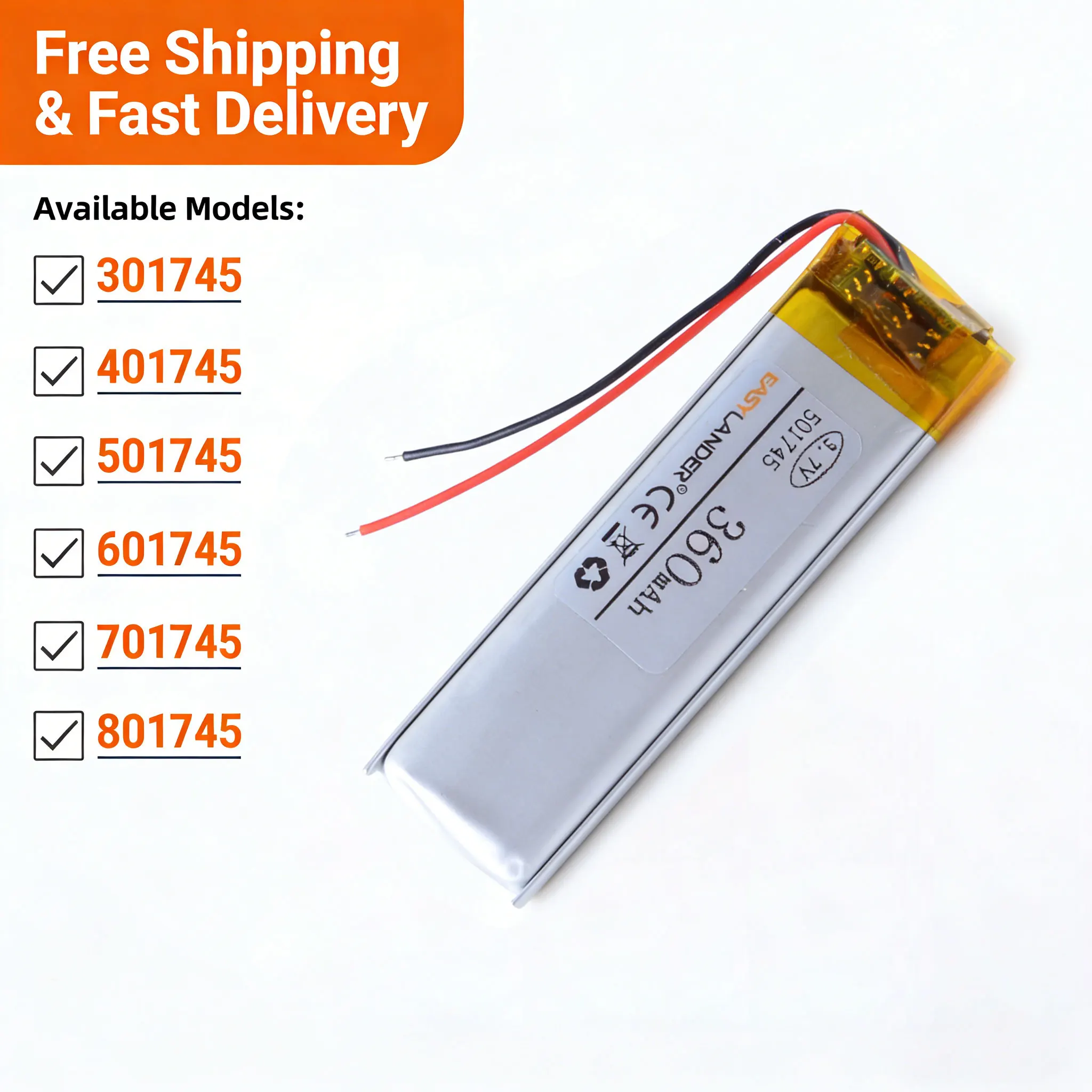 

501745 501646 3.7V 360mAh Rechargeable Lithium Li-ion Polymer Battery 301745 401745 601745 701745 801745