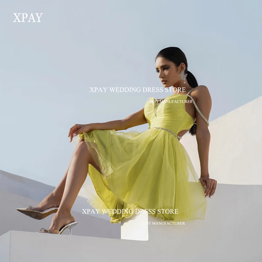 

XPAY Sexy Mini Evening Dresses Arabic Women Sweetheart Spaghetti Strap Sleeveless Above Knee Prom Gowns Short Lady Party Dress