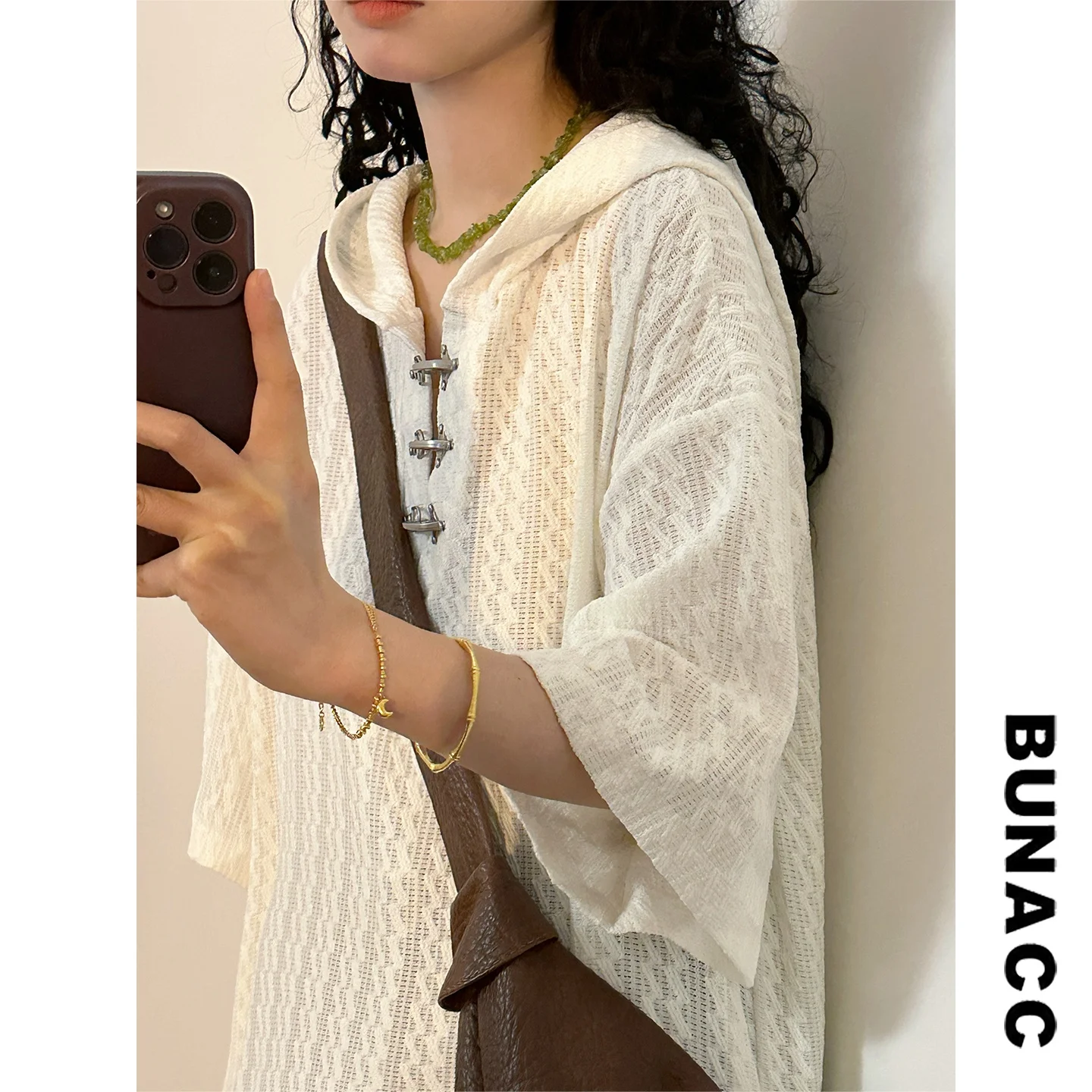 

Повседневная рубашка с коротким рукавом и металлическими пуговицами, с ромбовидным узором, летняя, BUNACC2026, унисекс, свободного кроя, с капюшоном, мужская и женская модная одежда