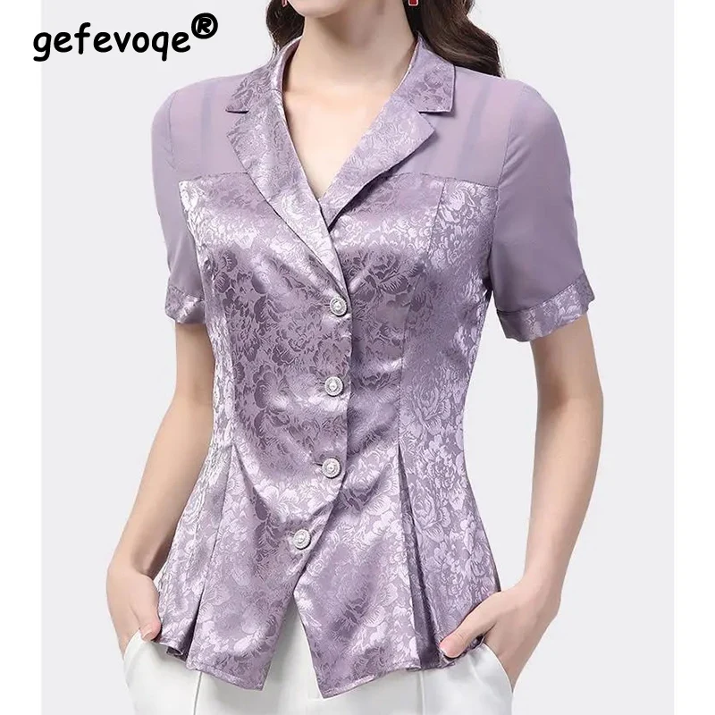 Office Lady Solid Patchwork Button Chiffon Shirt Summer 2023 New Notched Collar Short Sleeve Slim Cardigan Tops Women\'s Clothing