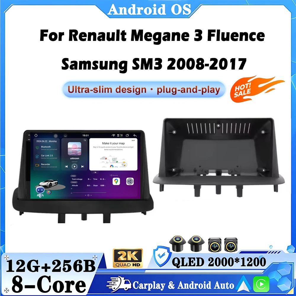 Reproductor Multimedia para Auto, Radio para Renault Megane 3 Fluence Samsung SM3 2008-2017, Carplay Inalámbrico, Estéreo, Voz, BT, GPS, Navegación