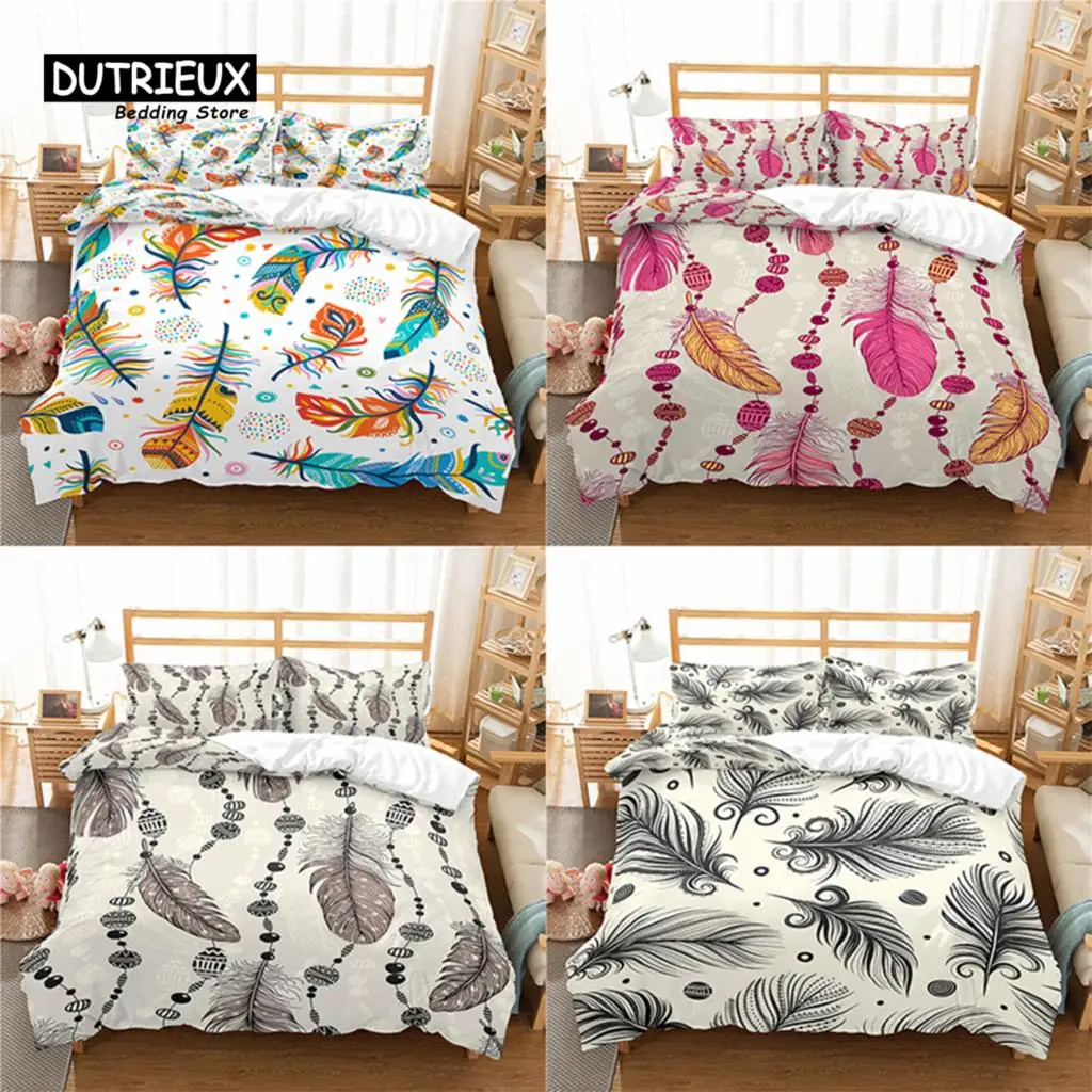 Home Living Luxury 3D Feather Print 2/3Pcs Comfortable Duvet Cover PillowCase Bedding Sets Queen and King EU/US/AU Size
