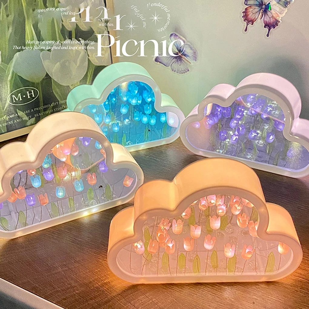 Cloud Tulip Night Light Handmade DIY Material Flower Home Decor Mirror Creative Atmosphere Lamp Birthday Gift Valentine’s Day