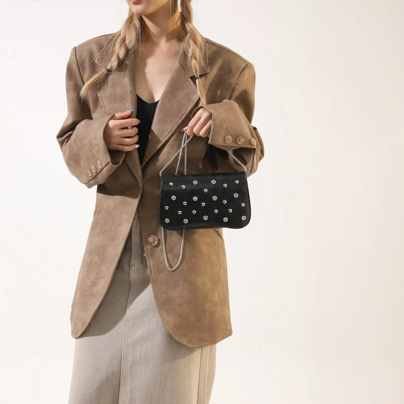 Women's Handbag One Shoulder Crossbody Bag New Fashionable and Versatile Spicy Girl Rhinestone Rivet Chain Personality