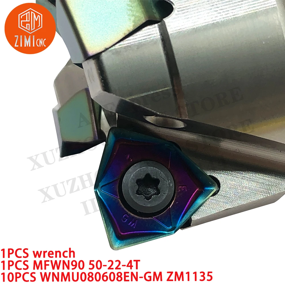 1PCS MFWN90 50-22-4T Milling cutter disc Tool + 10PCS WNMU080608EN-GM ZM1135 CNC Carbide Milling inserts WNMU080608 + 1PC wrench