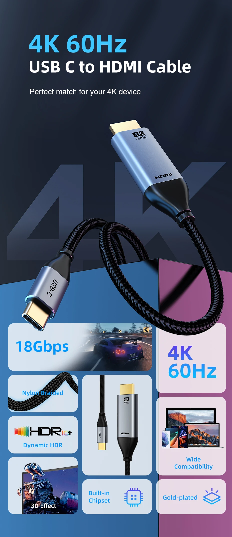 CABLETIME 4K 60Hz USB-C zu HDMI Thunderbolt 3 Typ-C HDMI-Kabel für Samsung Huawei MacBook Pro Air iPhone 17 16 C zu HDMI – Detail 2
