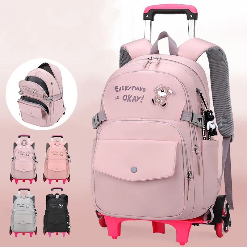 Students Backpack for Girls Children School Bag with Wheels Trolley Backpack Cute Schoolbag Rolling Wheeled Backpack Book Bags