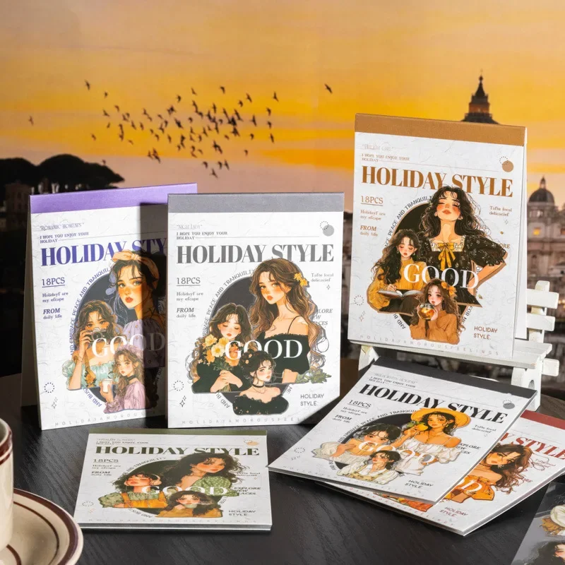 18Pcs PET Sticker Book Holiday Style Decorative Character pack Girls Bottom Daily Stationery Background Scrapbook cut 160*105mm