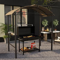 BBQ grill pavilion 1.1 x 2.3m weatherproof with polyester roof and side shelves for grills up to 100 cm steel khaki