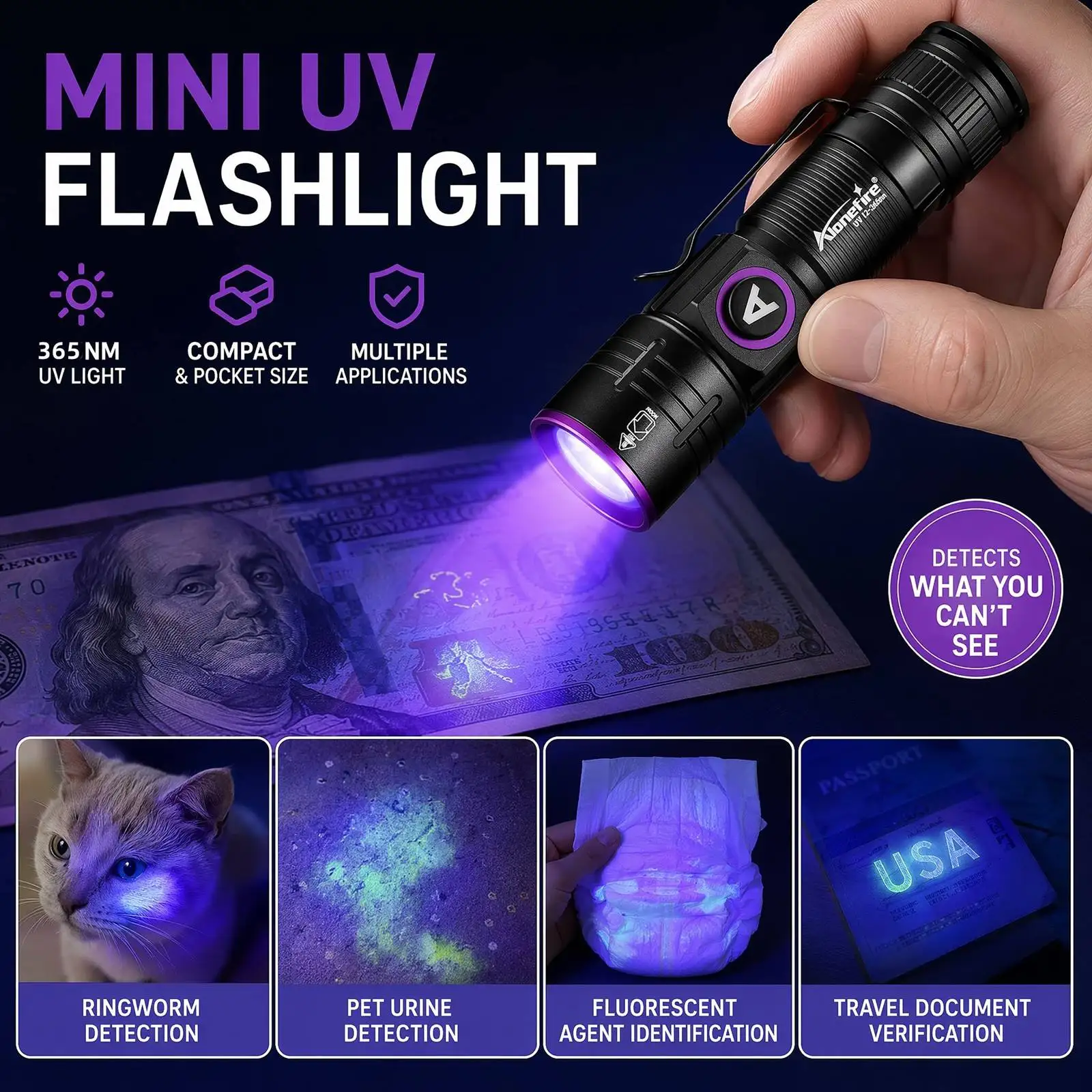 Zoom 365nm/395nm USB Rechargeable Mini UV Light Flashlight Cat Dog Pet Urine Tinea Money Ore Jade Scorpion Detection Lamp Torch