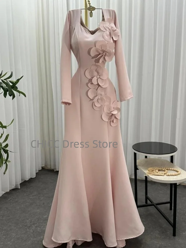 Robes de soirée modestes col en v à manches longues robe de bal sirène fleurs 3D occasion formelle robe de soirée d'invité de mariage personnalisée