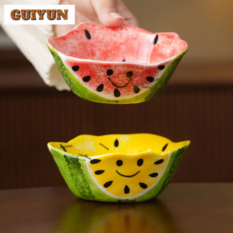 HOYIHM Hand-painted Smiling Watermelon Bowl Rice Bowls Cake Display Stand Salad Basin Fish Noodle Steak Bowls Cuisine Tableware