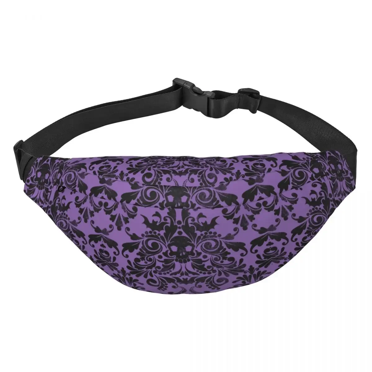 Skull Damask Pattern Fanny Pack Halloween Witch Goth Occult Sling Crossbody Waist Bag for Camping Biking Phone Money Pouch