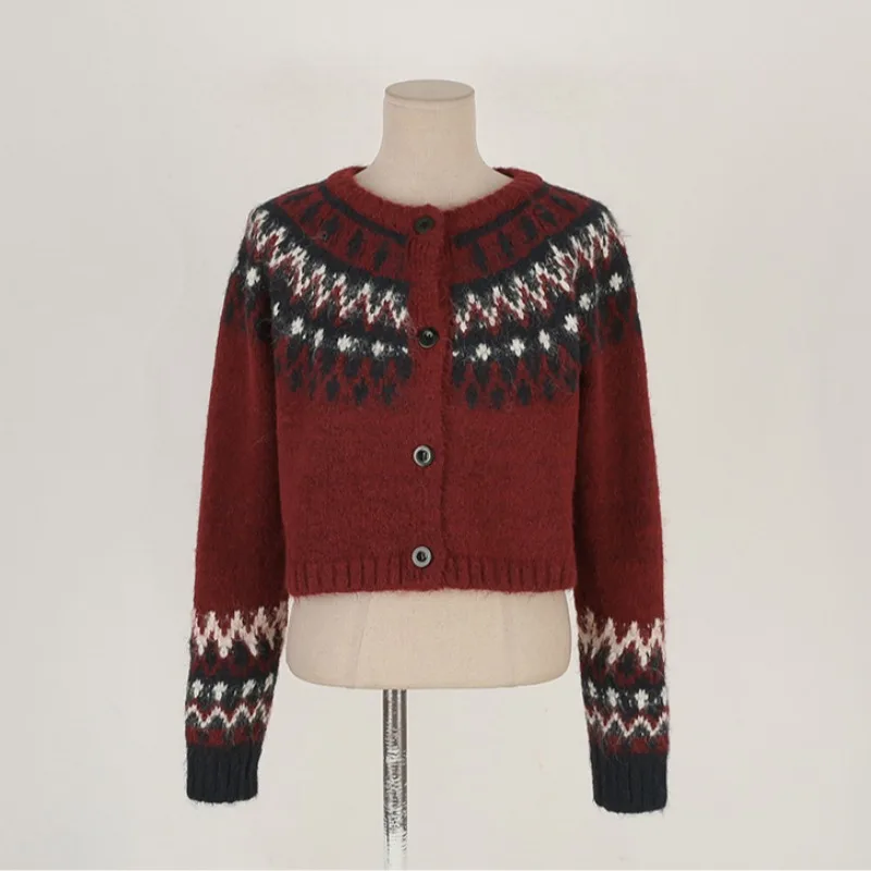 Suéter de punto ort de otoño e invierno para mujer, ropa interior nórdica Retro Fair Isle, prendas de vestir exteriores, cárdigan abierto adelgazante, Top