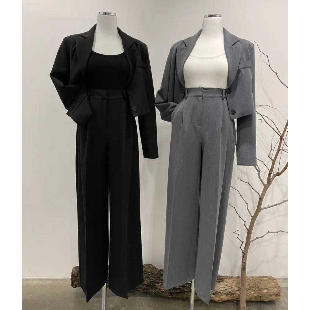 シックな韓国風レディーススーツセット カジュアルルーズロングパンツ ジャケットツーピースセット 秋ファッションアウトフィット ロングスリーブ...