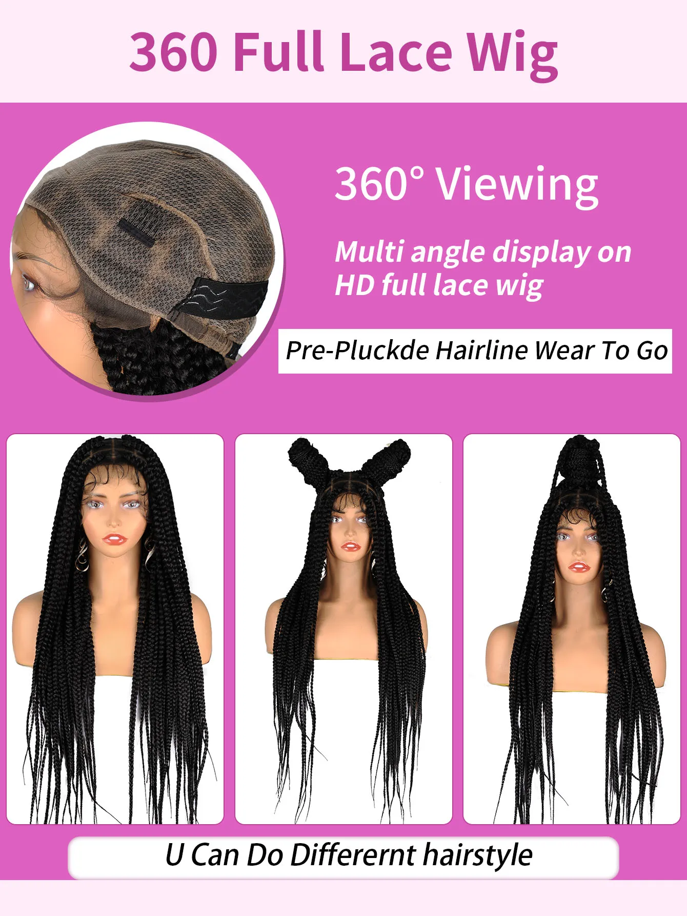 36 Inch Large Square Box Braided Wigs Knotless Braids Wig Synthetic Full Lace Wig With Baby Hair For Black Women Daily Use