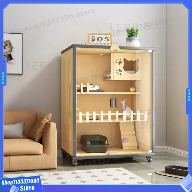 Modern Panoramic Glass Cat Villa Indoor Closed House Small Apartment Space Saving Design Integrated Litter Box Nest for Pets