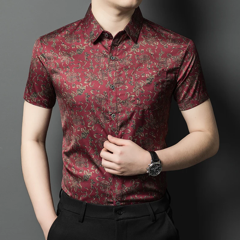 

Men Silk Printing Clothes Summer 2025 Fashion Flowers Popin Shirts Single Breasted Male Satin Silk Dress Short Sleeved Tops