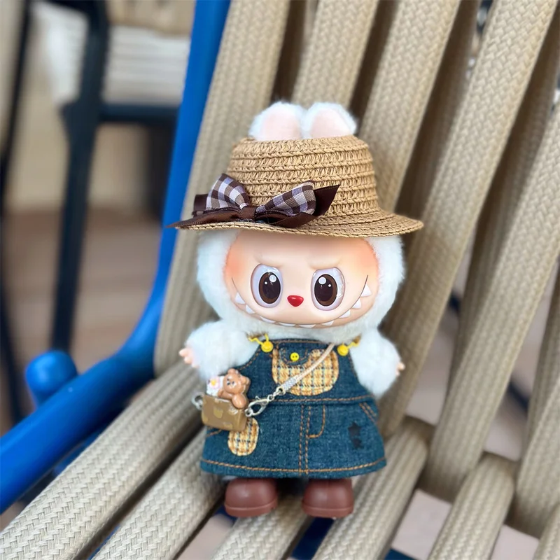 

New Hot Sale In Stock Labubu Clothes For Labubu 17cm Vinyl Doll Accessories Denim Skirts Straw Hats Clothing Dressing Suit Toy