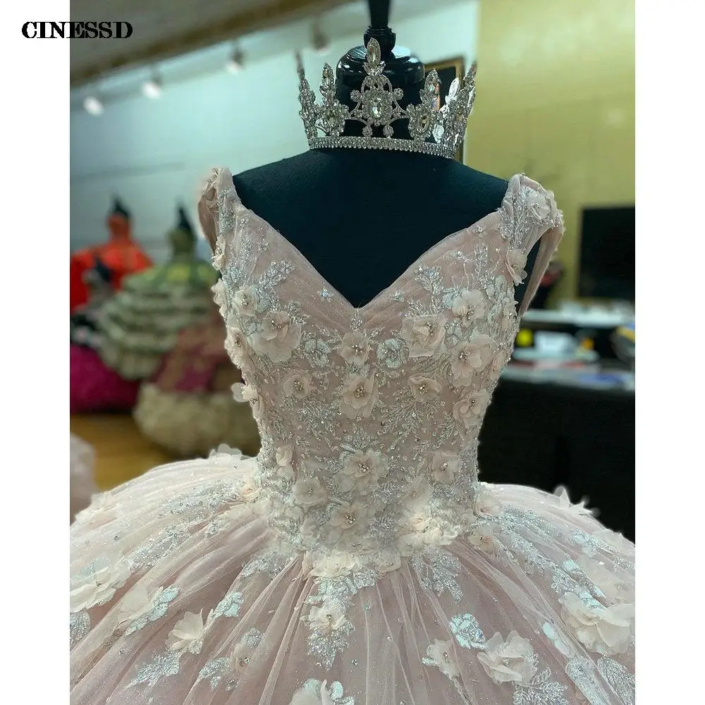 فساتين Quinceanera الوردي قبالة الكتف ، ثوب الكرة ، الزهور المصنوعة يدويا ، يزين الأزهار ، مشد الدانتيل ، الحلو 15 ملابس الحزب