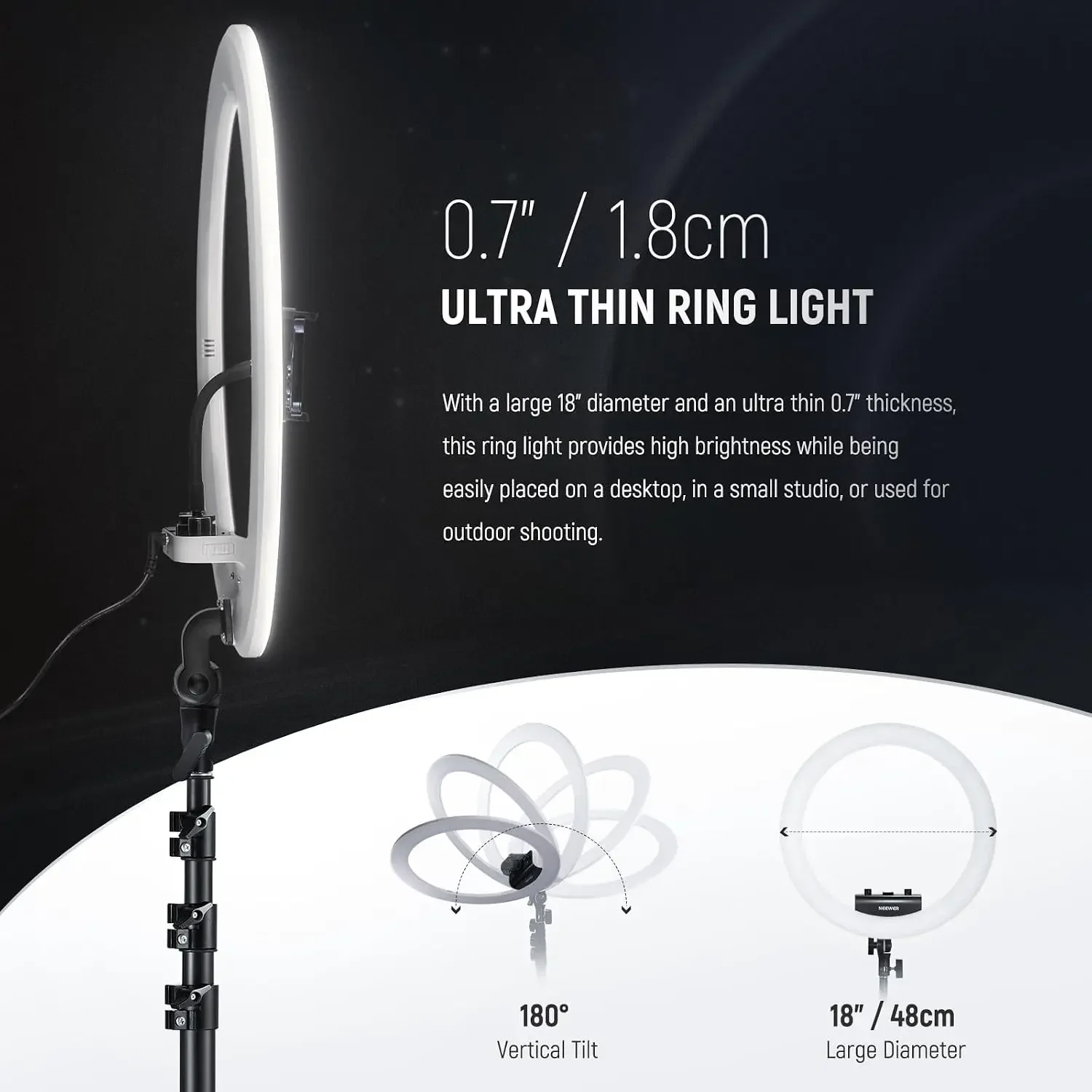 18 inch Ring Light with Tripod Stand and Phone Holder, Ultra Thin Video Ringlight 2900K-7000K TLCI98 App Control, Softer Lightin