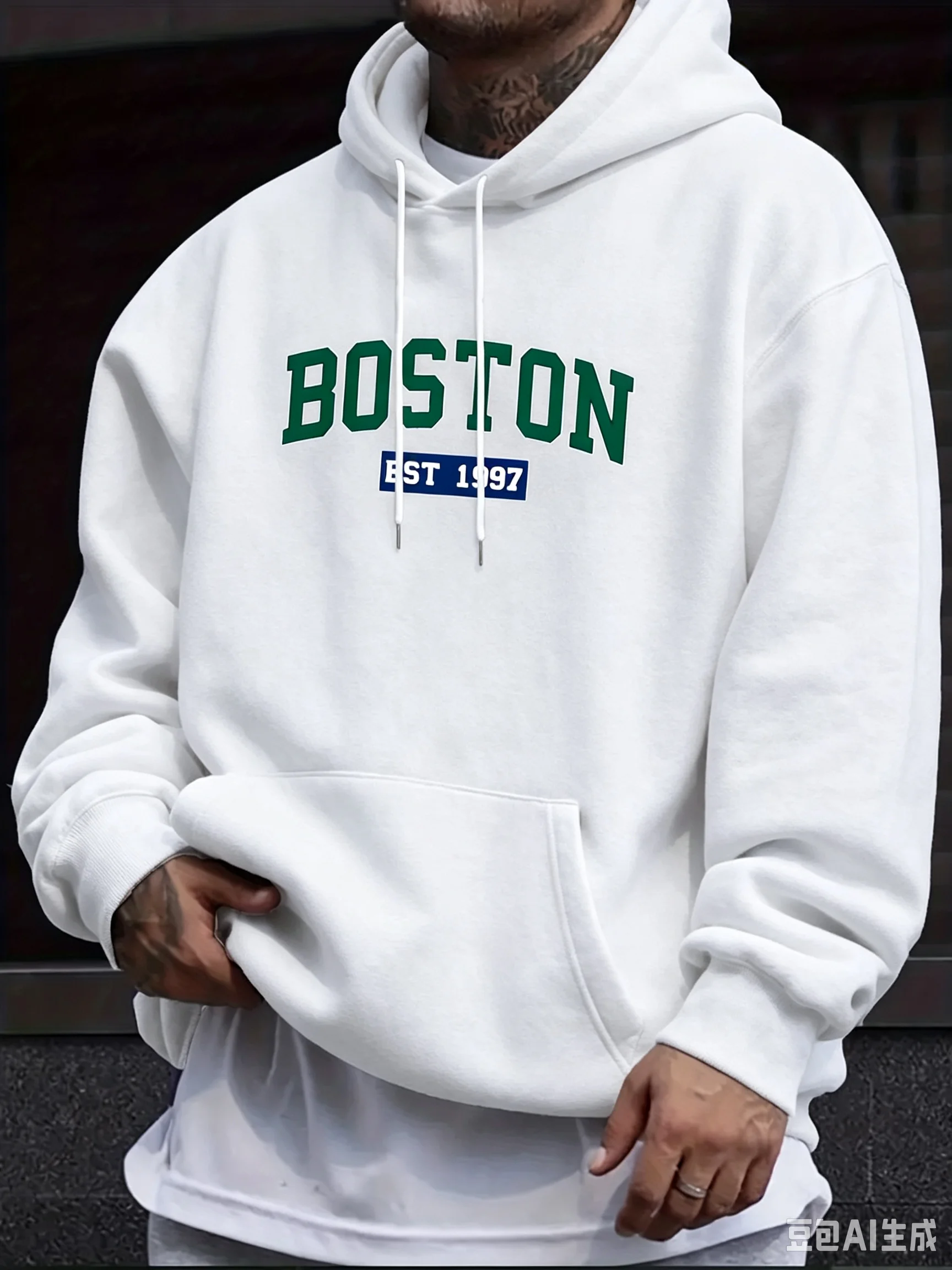 Boston British Print Men Hooded Sweatshirt Autumn Winter Daily Outdoor Sports Loose All Build Fitness Casual Warm Street Style