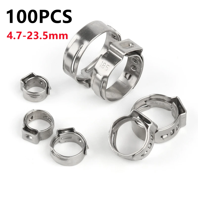 100PCS Clamp High Quality Stainless Steel 304 Single Ear Hose Clamps Assortment Kit Single 4.7-23.5mm Multiple specifications