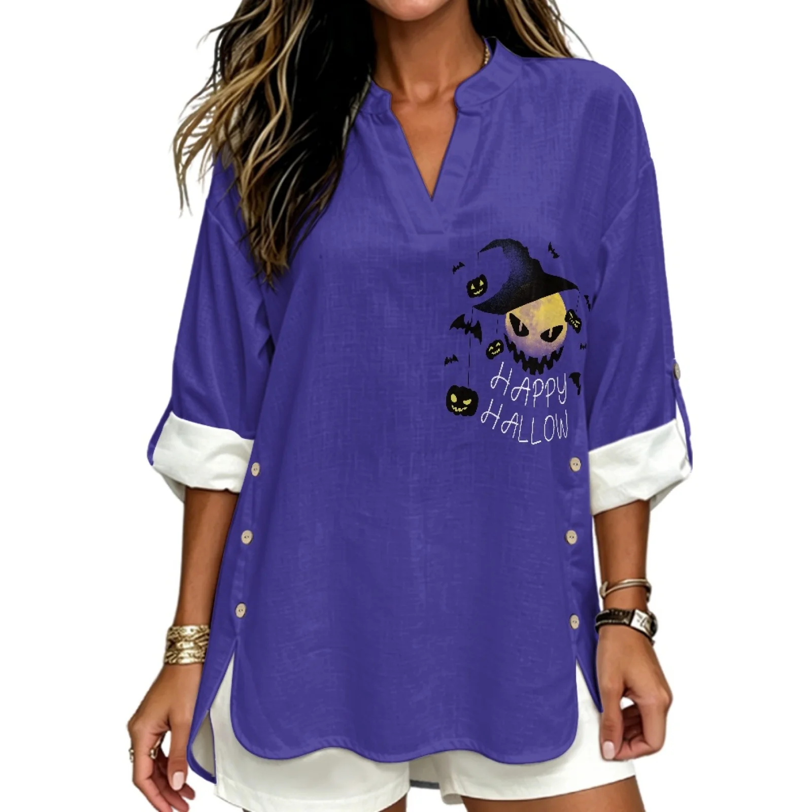 PENSTROLL Roll up Linen Style Women's Long Sleeve Blouses Trendy Long Sleeve Tops for Beach Walks Bat Pumpkin Pattern