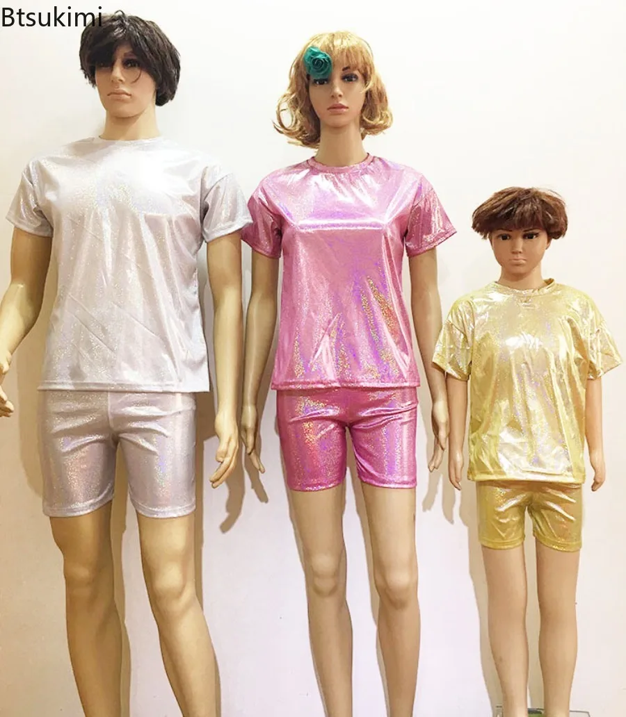 Kids Metallic Shiny T-Shirt Boys Girls Jazz Hip Hop Modern Dance Tops Short Sleeves Loose Tee for Festival Party Disco Costume view 5