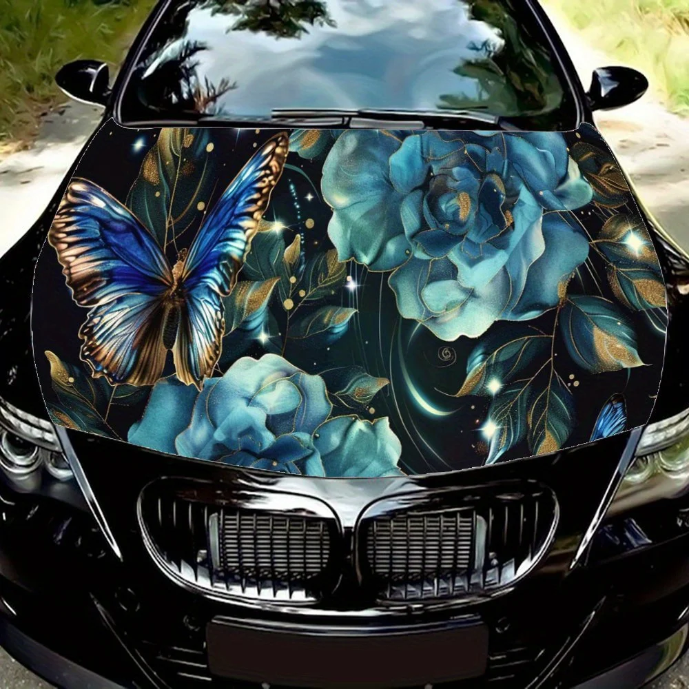 

Light Blue Floral Butterfly Car Hood Decal,Self-Adhesive PVC Hood Decoration Scratch Resistant Sticker Protect,Auto Accessories