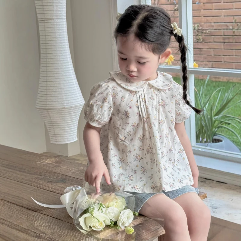 

2025 Girls Cute Floral Shirt Summer Retro Pastoral Doll Collar Short Sleeve Shirt Foreign Style Girls Top