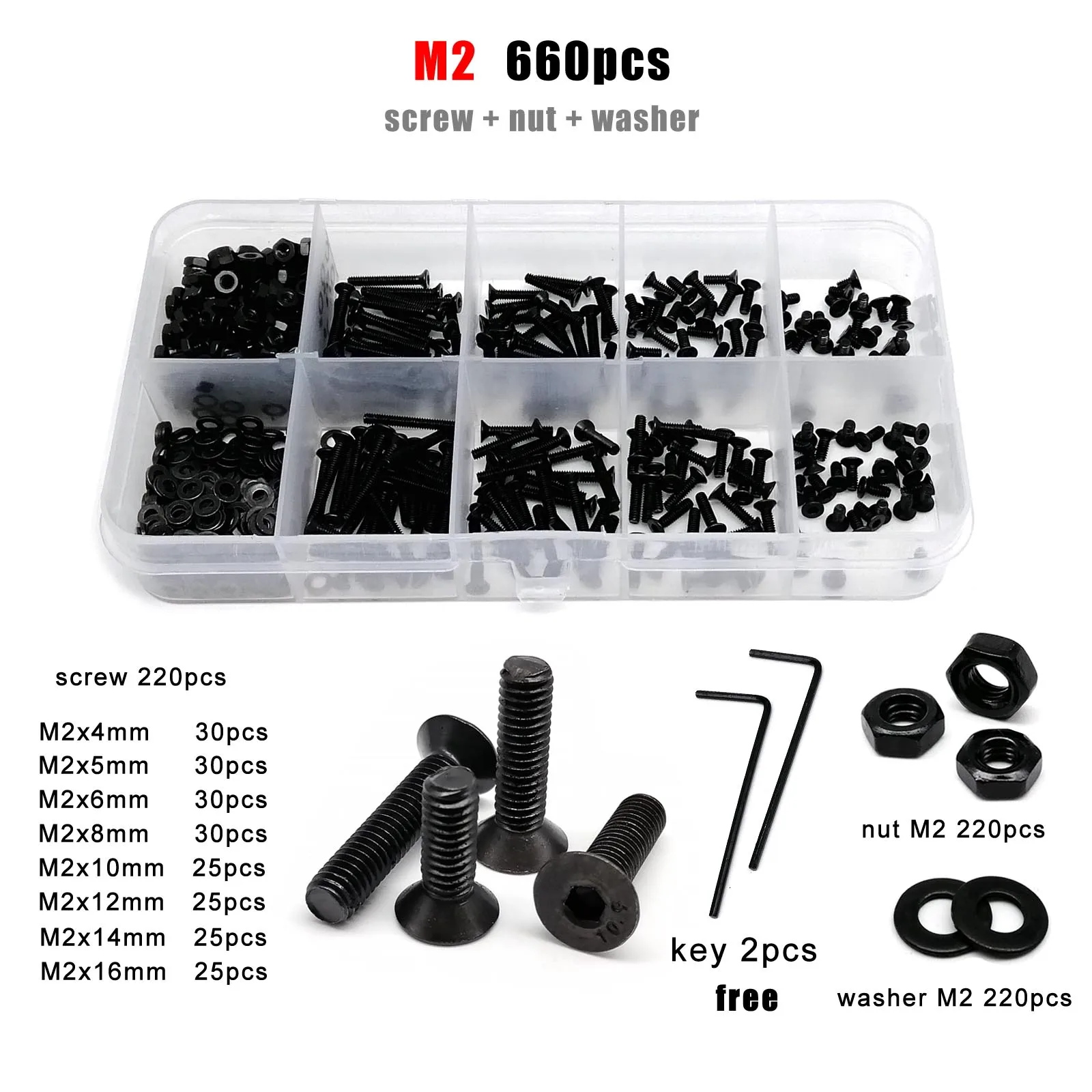 1 Box M2 M2.5 M3 M4 M5 M6 M8 Hex Hexagon Socket Allen Flat Countersunk Head Screw Bolt Nut Assortment Kit Black Grade 10.9 Steel image 2